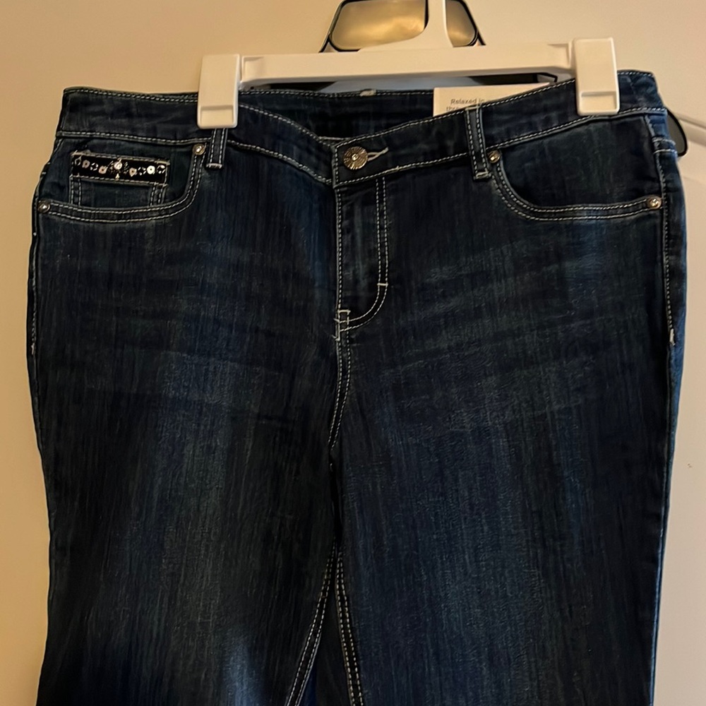 Christopher Banks womens jeans with rhinestone type detailing.